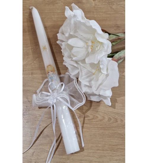 Krikšto žvakė su sijonėliu 38 cm. Spalva balta / angeliukas (12)